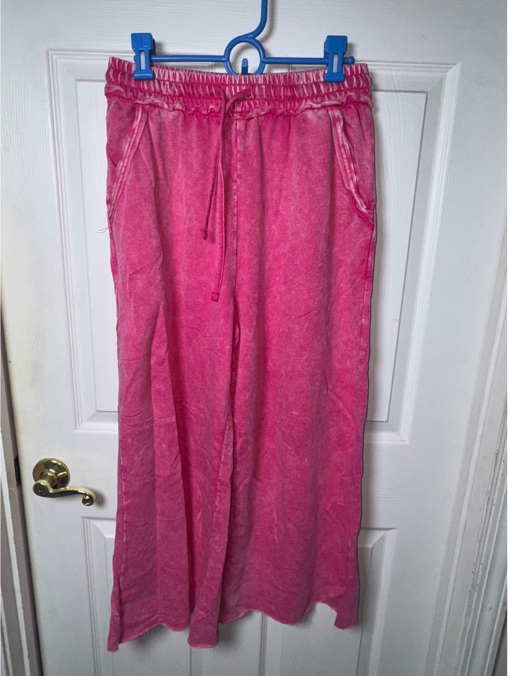 Zenana Washed French Terry Palazzo Pants, Fuchsia, Size Large